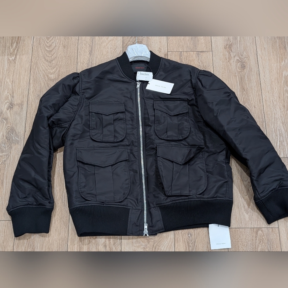 $1870 Mens SIMONE ROCHA Oversized Pocket Satin Bomber Jacket Black Large